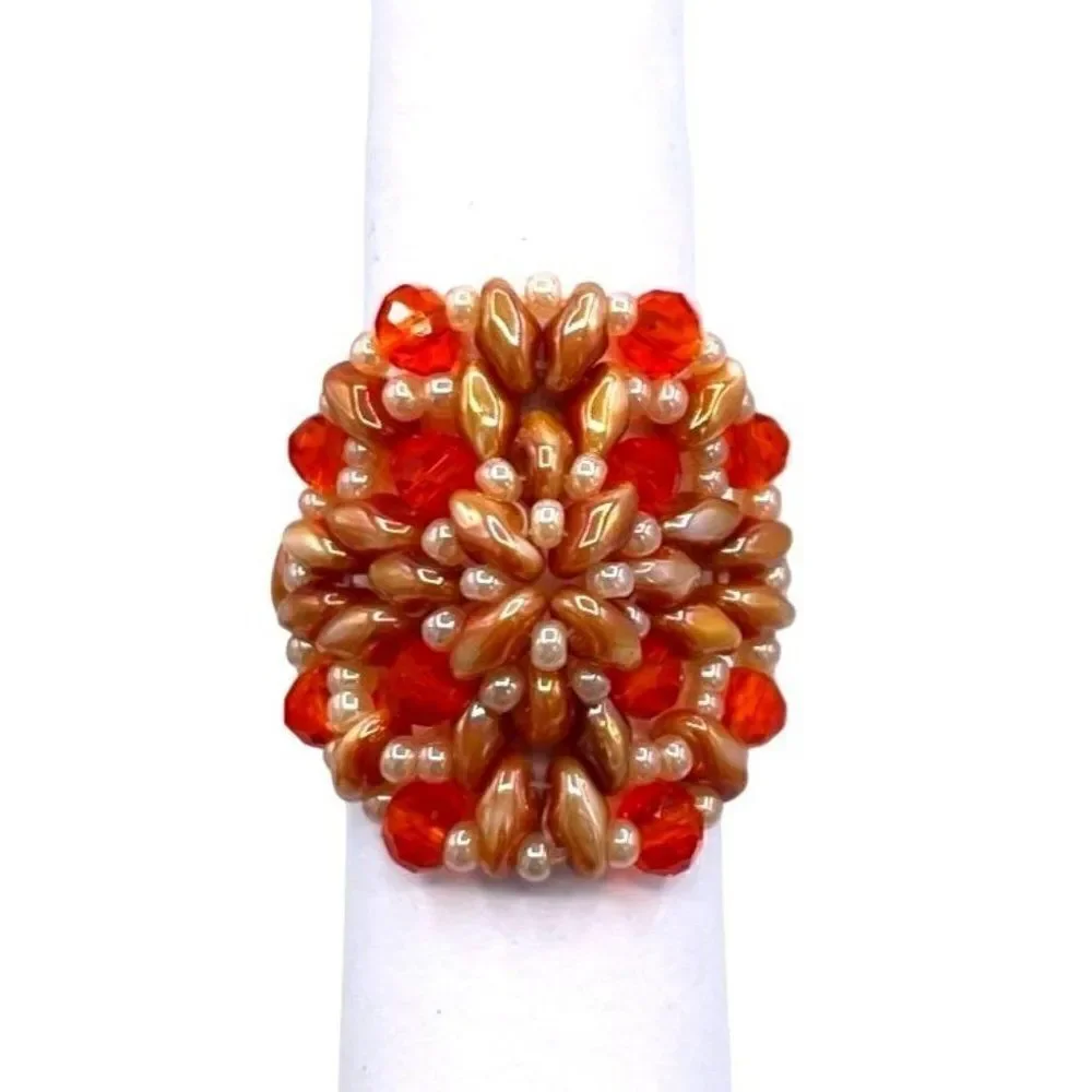 Caramel Brown and Orange Crystal Beaded Statement Ring Size 7